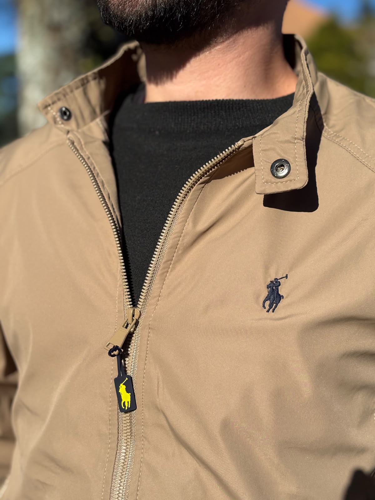 Jaqueta Ralph Lauren Masculina Bomber Ajustada ao Corpo Caramelo Pony Marinho