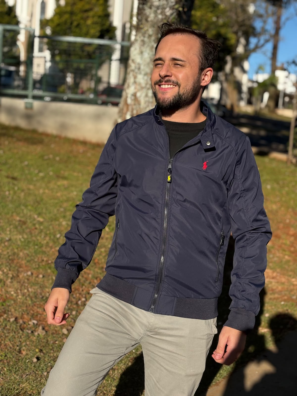 Jaqueta Ralph Lauren Masculina Bomber Ajustada ao Corpo Marinho Pony Vermelho