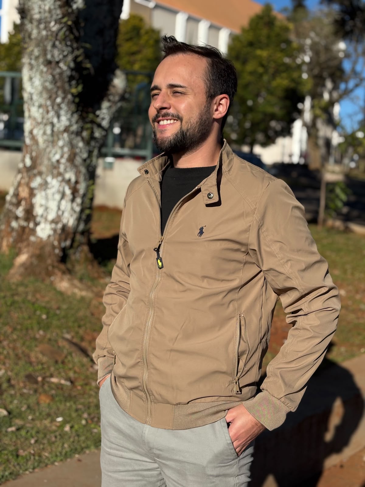 Jaqueta Ralph Lauren Masculina Bomber Ajustada ao Corpo Caramelo Pony Marinho