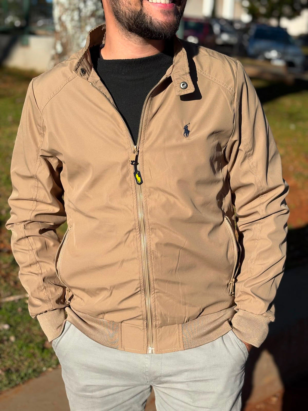 Jaqueta Ralph Lauren Masculina Bomber Ajustada ao Corpo Caramelo Pony Marinho
