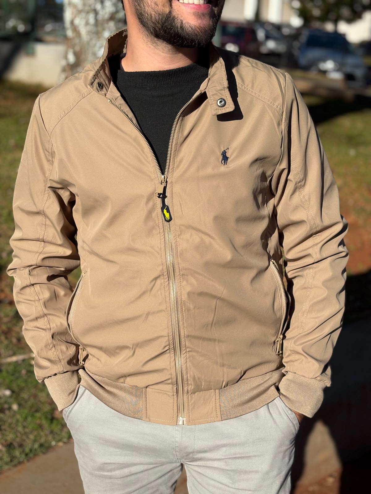 Jaqueta Ralph Lauren Masculina Bomber Ajustada ao Corpo Caramelo Pony Marinho