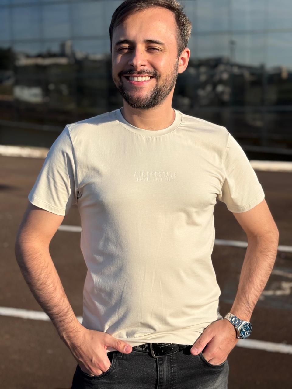 Camiseta Aeropostale Masculina Branca Estampa Minimalista Tecido Pima