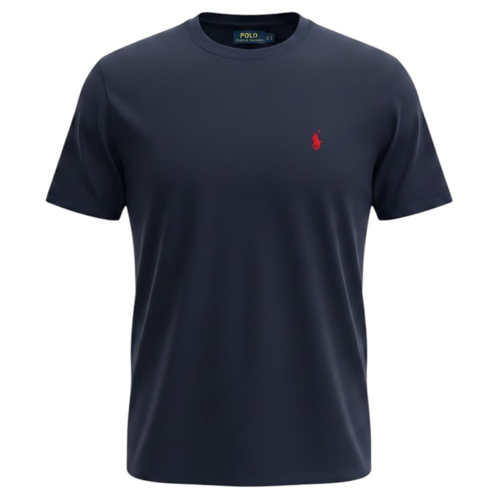 Camiseta Básica Masculina Supima Siliconada Ralph Lauren Marinho Pony Vermelho