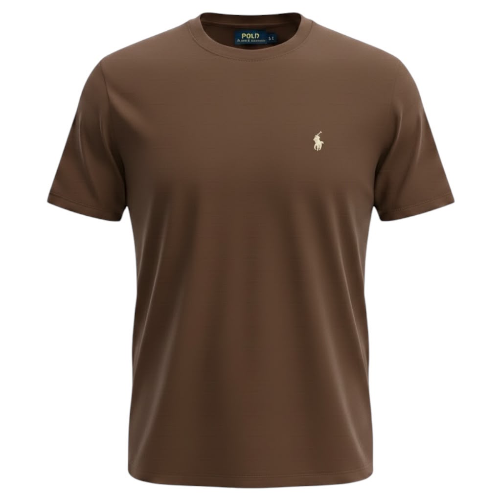 Camiseta Básica Masculina Supima Siliconada Ralph Lauren Marrom Pony Creme