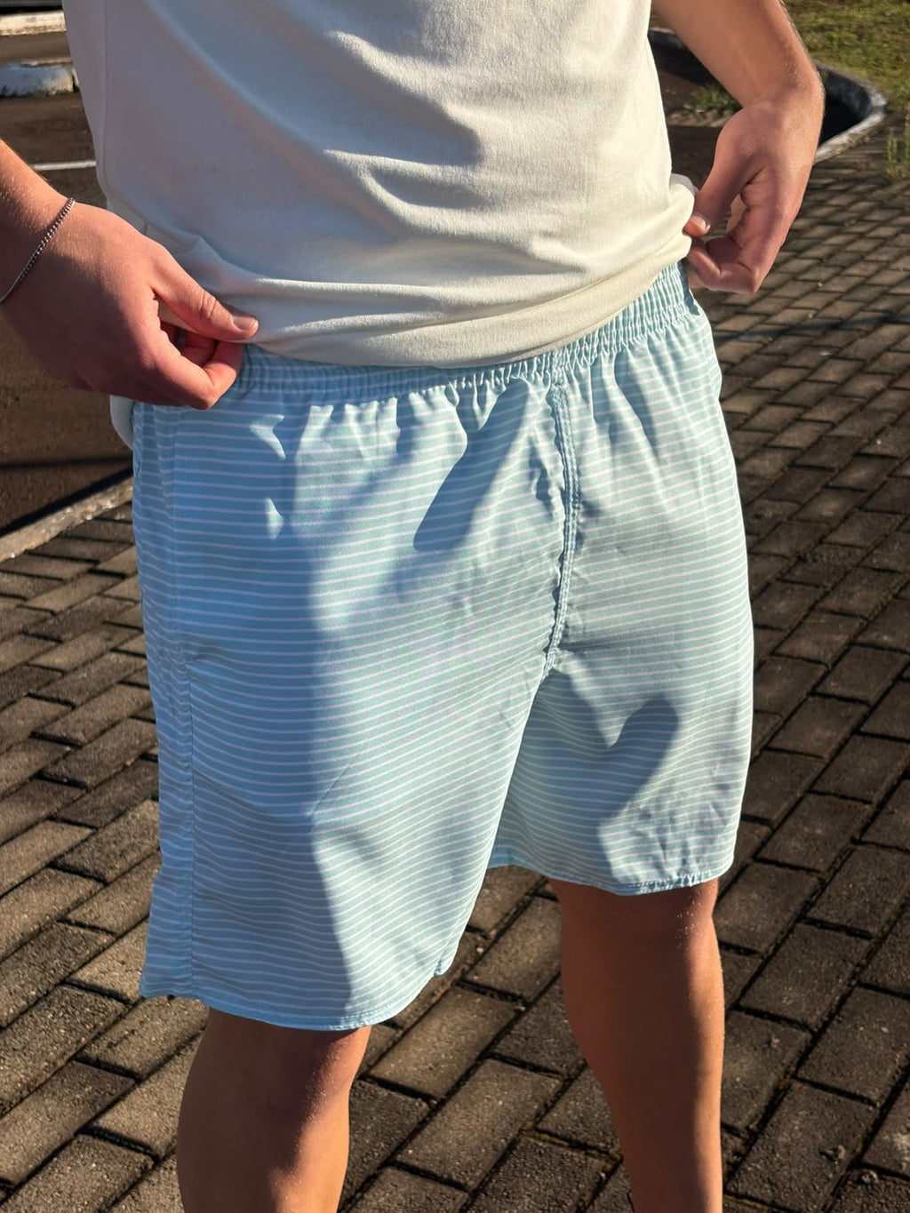 Shorts Praia Masculino King&Joe Listras Respirável cor Verde Água