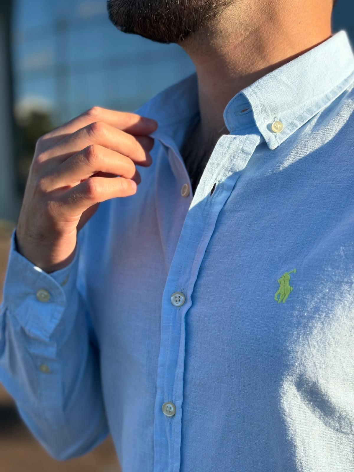 Camisa Ralph Lauren Masculina Linho Praia cor Azul Bebê Pony Amarelo