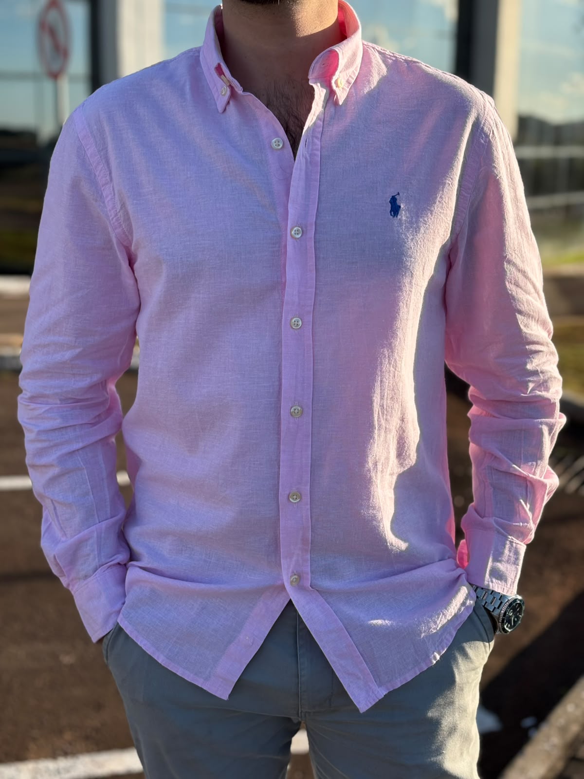 Camisa Ralph Lauren Masculina Linho Praia cor Rosa Pony Marinho