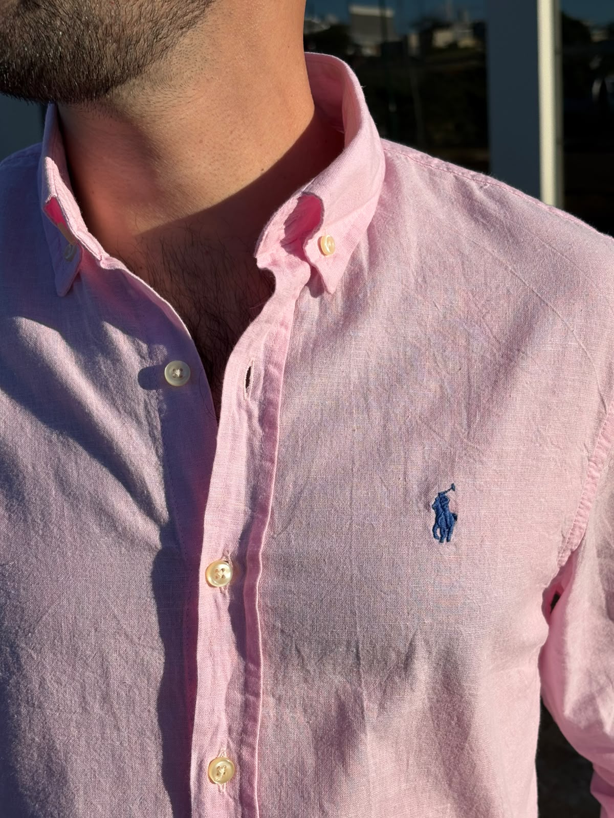 Camisa Ralph Lauren Masculina Linho Praia cor Rosa Pony Marinho