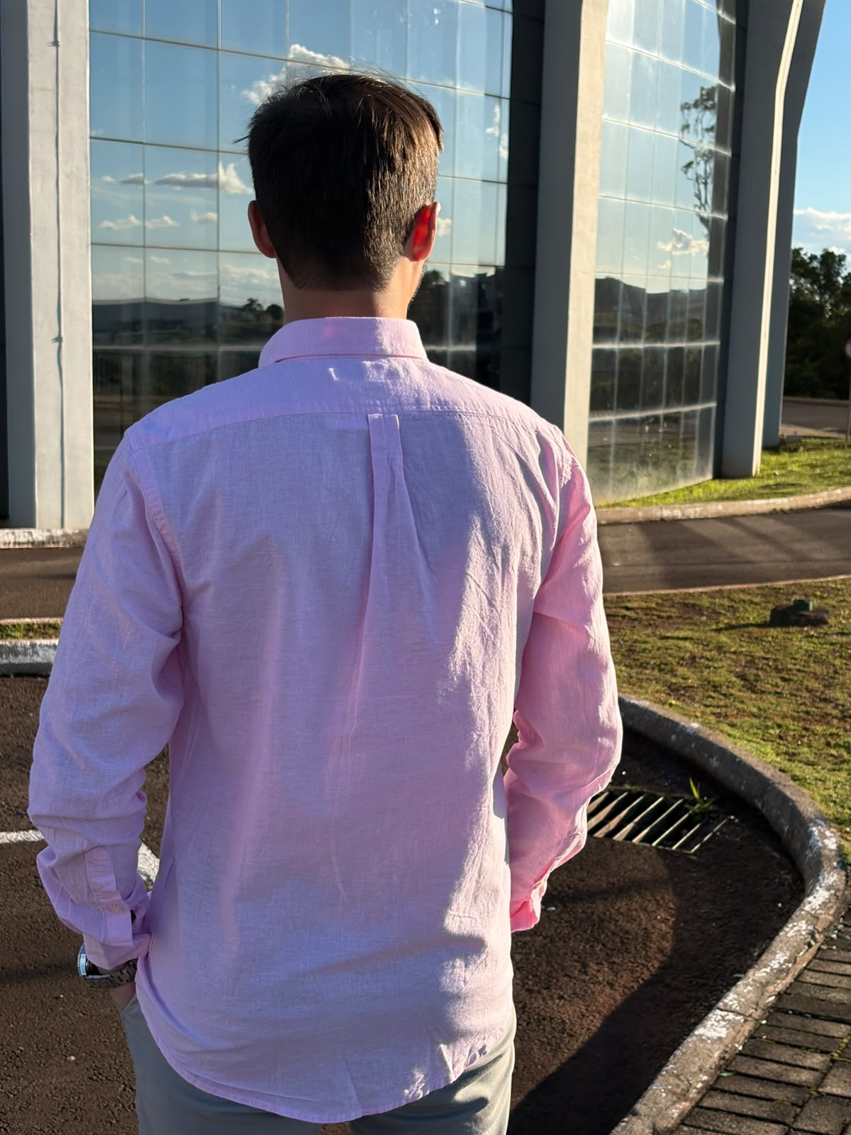 Camisa Ralph Lauren Masculina Linho Praia cor Rosa Pony Marinho