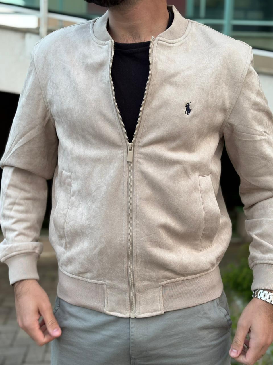 Jaqueta Ralph Lauren Masculina Suede Marmorizada Creme Pony Marinho Ajustada no Corpo