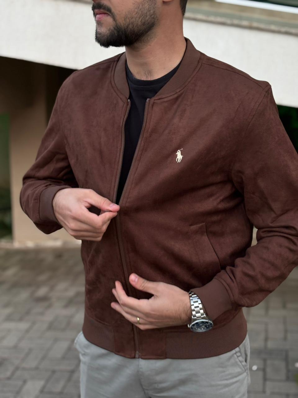 Jaqueta Ralph Lauren Masculina Suede Marmorizada Marrom Pony Creme Ajustada no Corpo