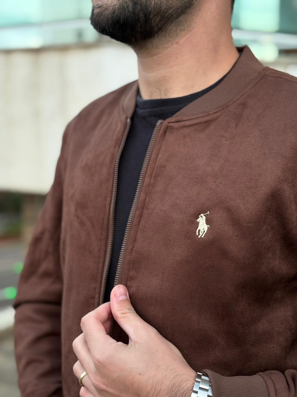 Jaqueta Ralph Lauren Masculina Suede Marmorizada Marrom Pony Creme Ajustada no Corpo