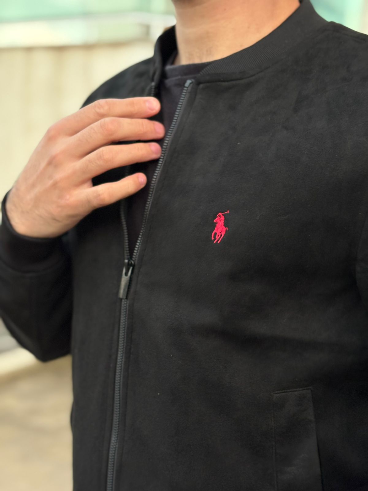 Jaqueta Ralph Lauren Masculina Suede Marmorizada Preta Pony Vermelho Ajustada no Corpo