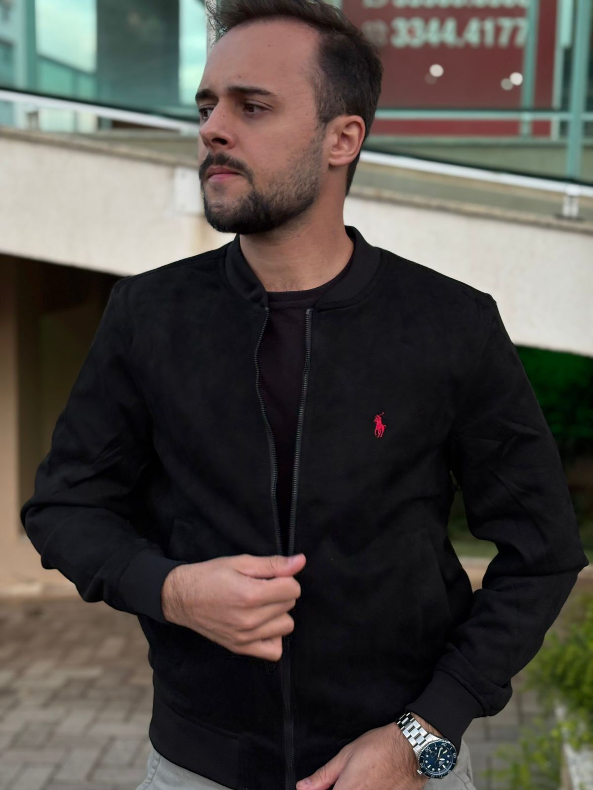 Jaqueta Ralph Lauren Masculina Suede Marmorizada Preta Pony Vermelho Ajustada no Corpo