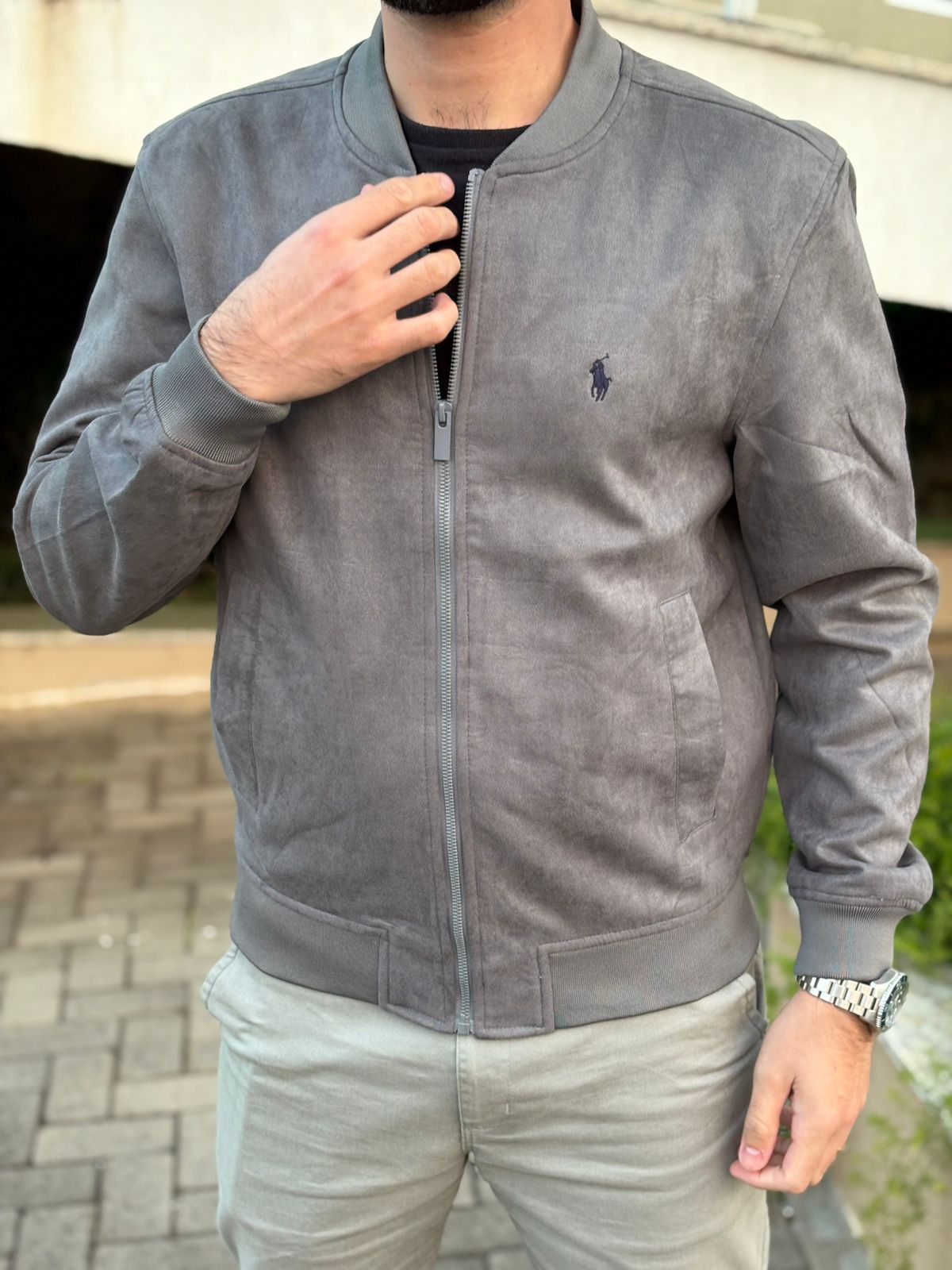 Jaqueta Ralph Lauren Masculina Suede Marmorizada Cinza Pony Marinho Ajustada no Corpo