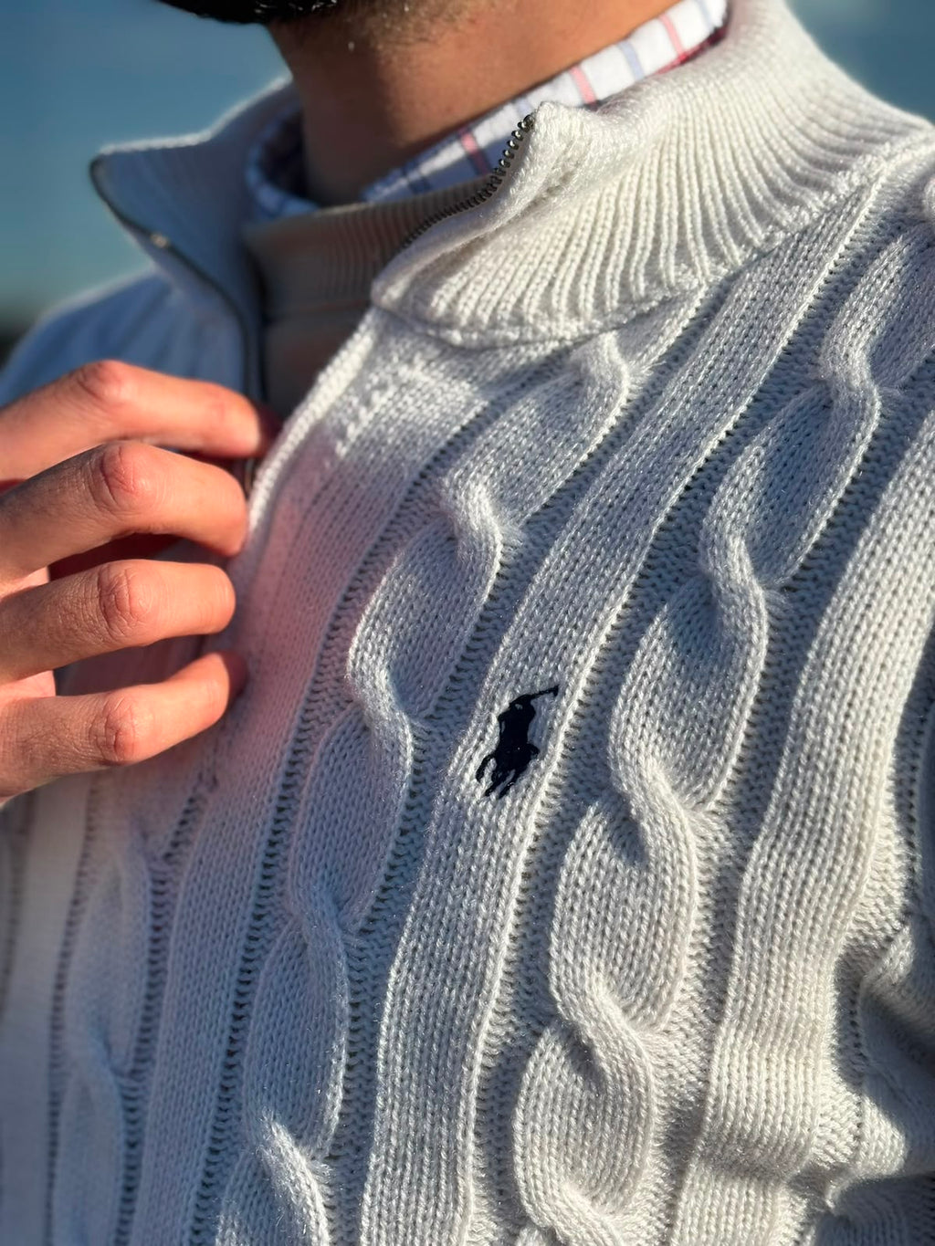 Suéter Trançado Ralph Lauren Masculino Com Zipper Branco Pony Marinho