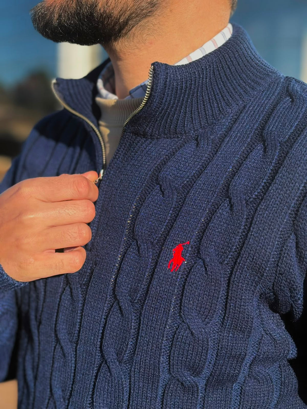 Suéter Trançado Ralph Lauren Masculino Com Zipper Marinho Pony Vermelho