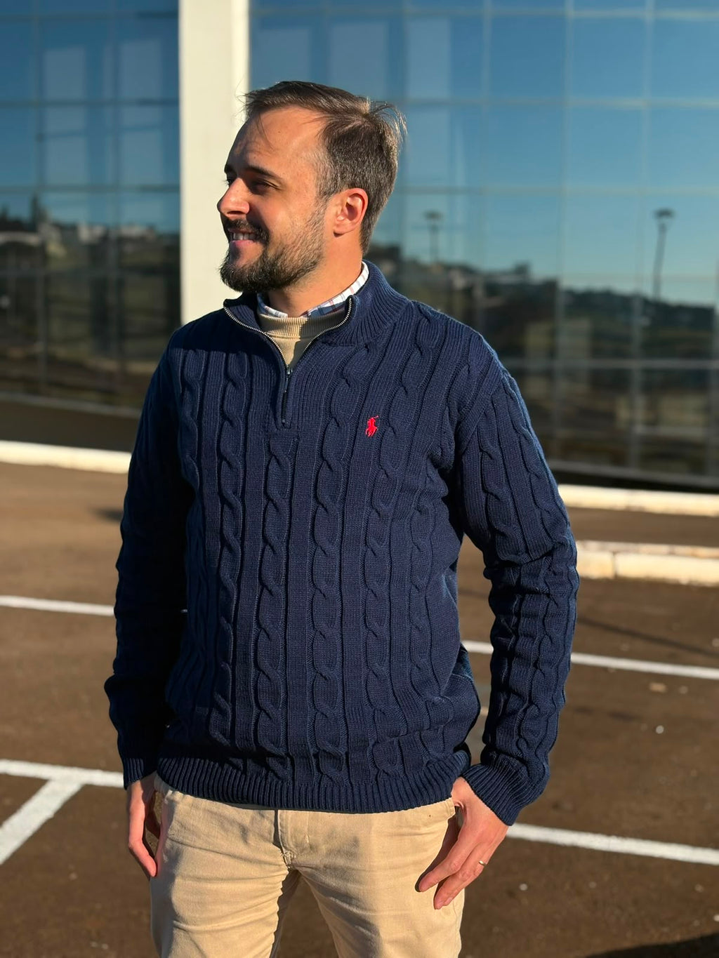 Suéter Trançado Ralph Lauren Masculino Com Zipper Marinho Pony Vermelho
