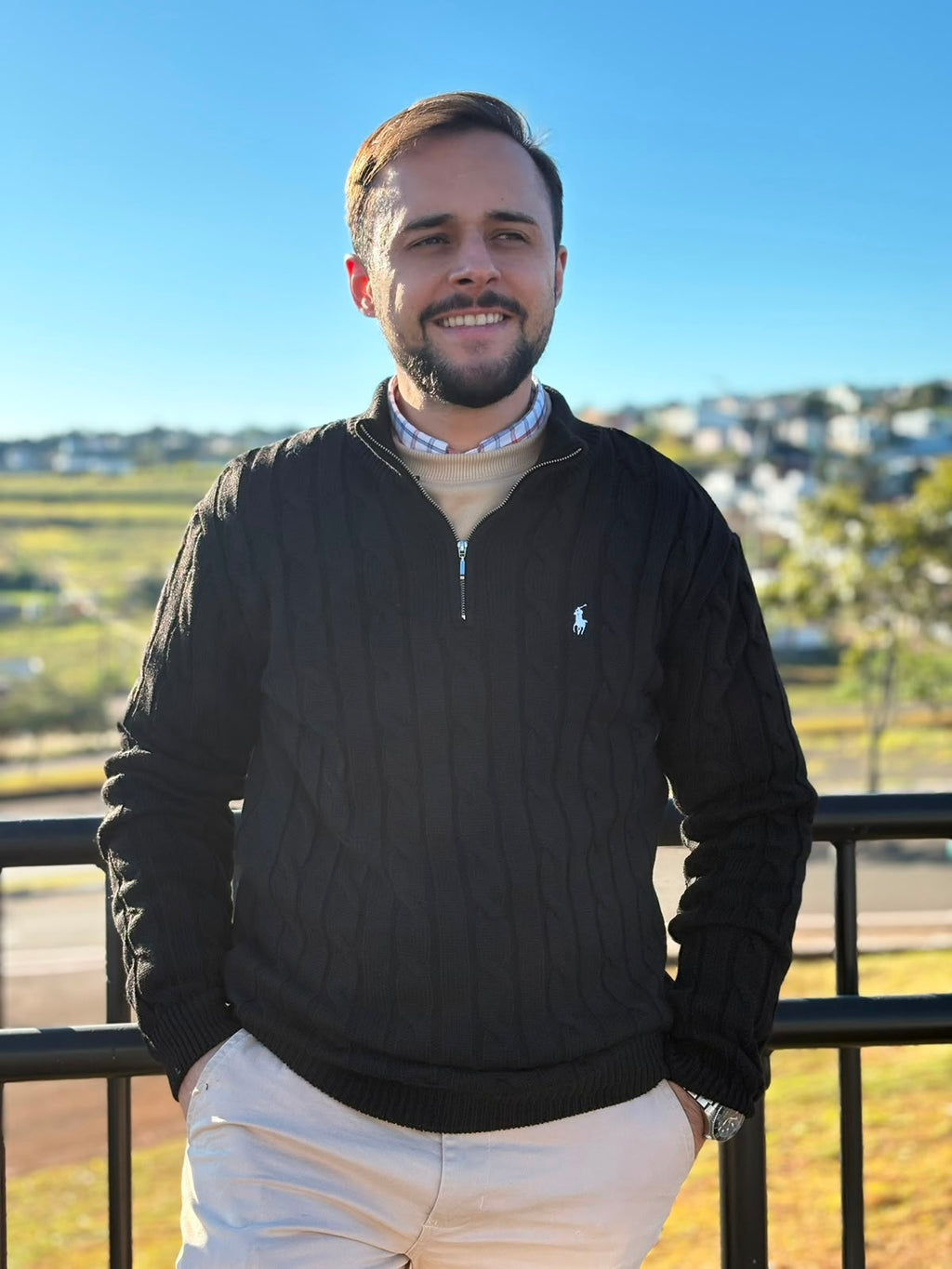 Suéter Trançado Ralph Lauren Masculino Com Zipper Preto Pony Branco