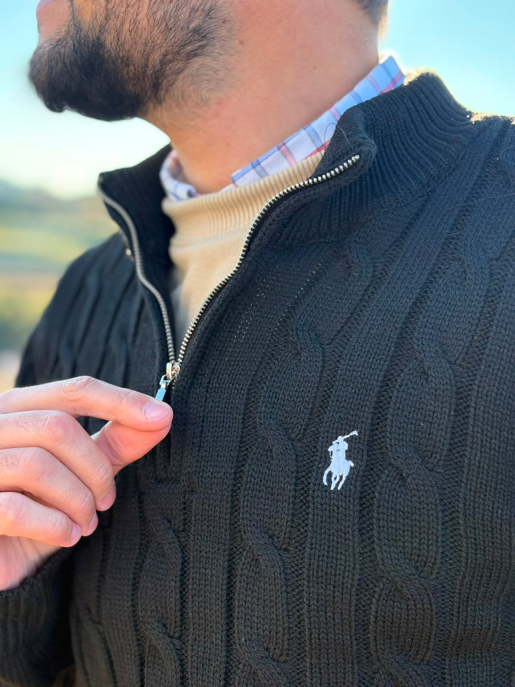 Suéter Trançado Ralph Lauren Masculino Com Zipper Preto Pony Branco