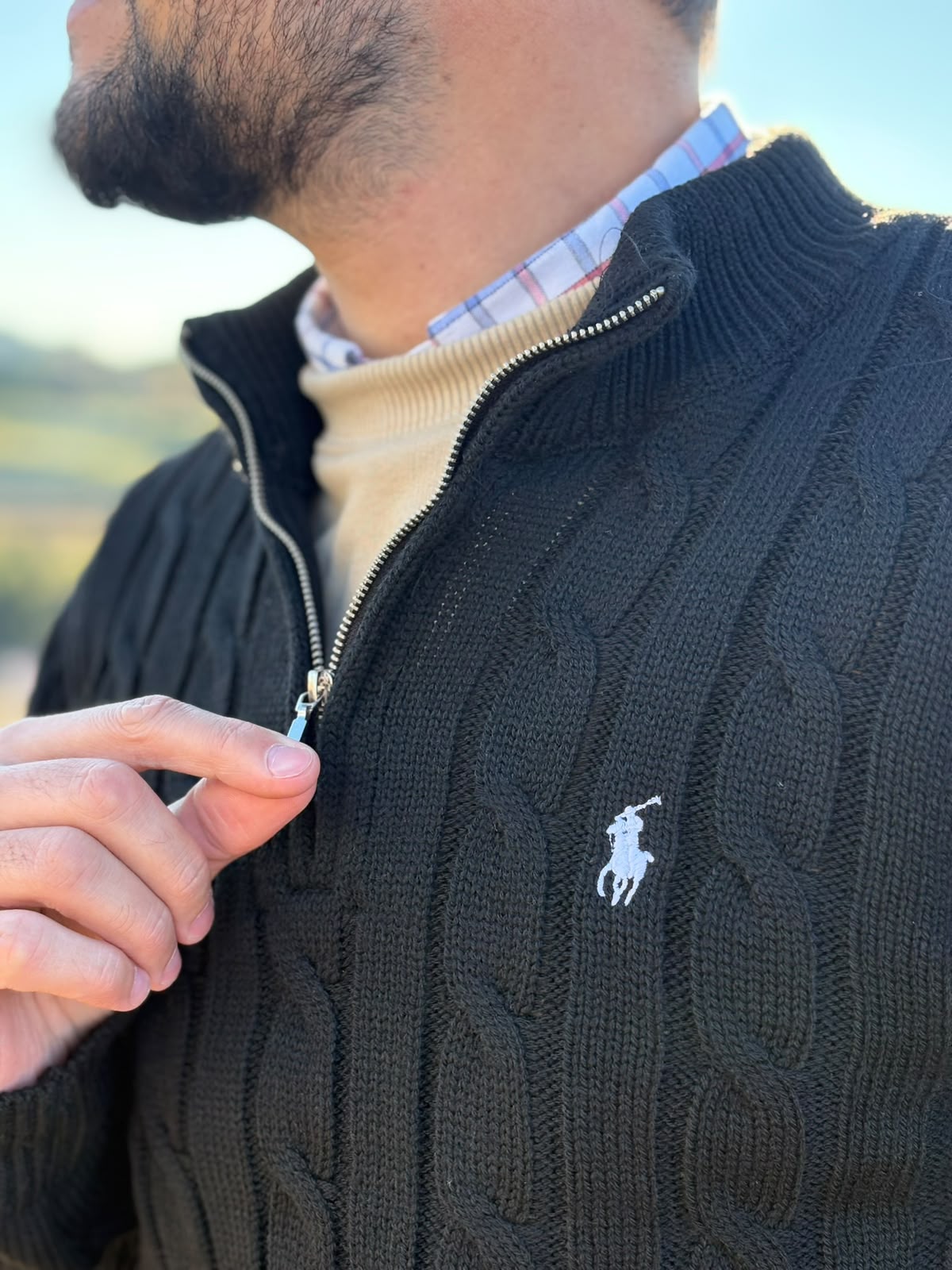 Suéter Trançado Ralph Lauren Masculino Com Zipper Preto Pony Branco