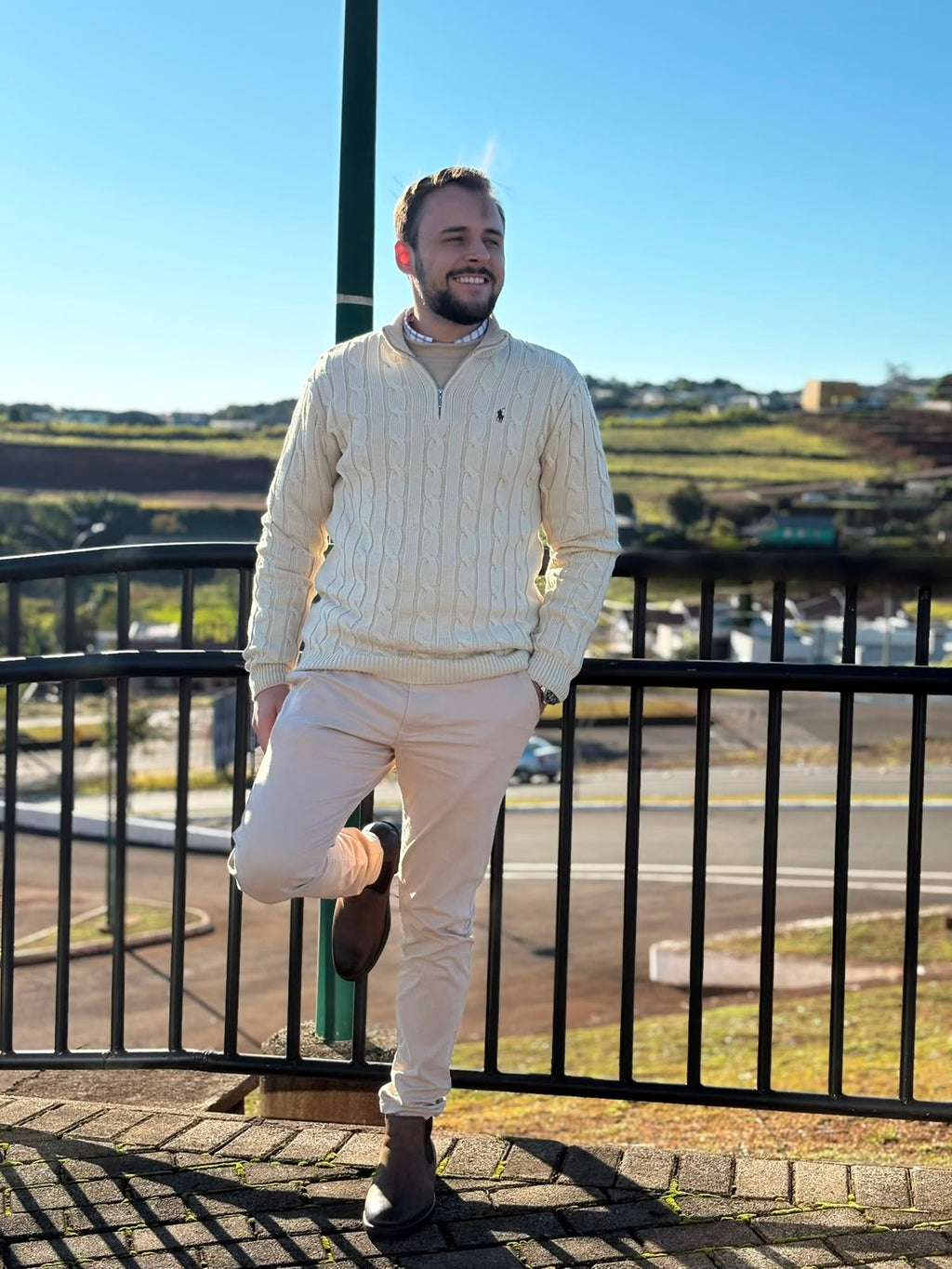 Suéter Trançado Ralph Lauren Masculino Com Zipper Creme Pony Marrom