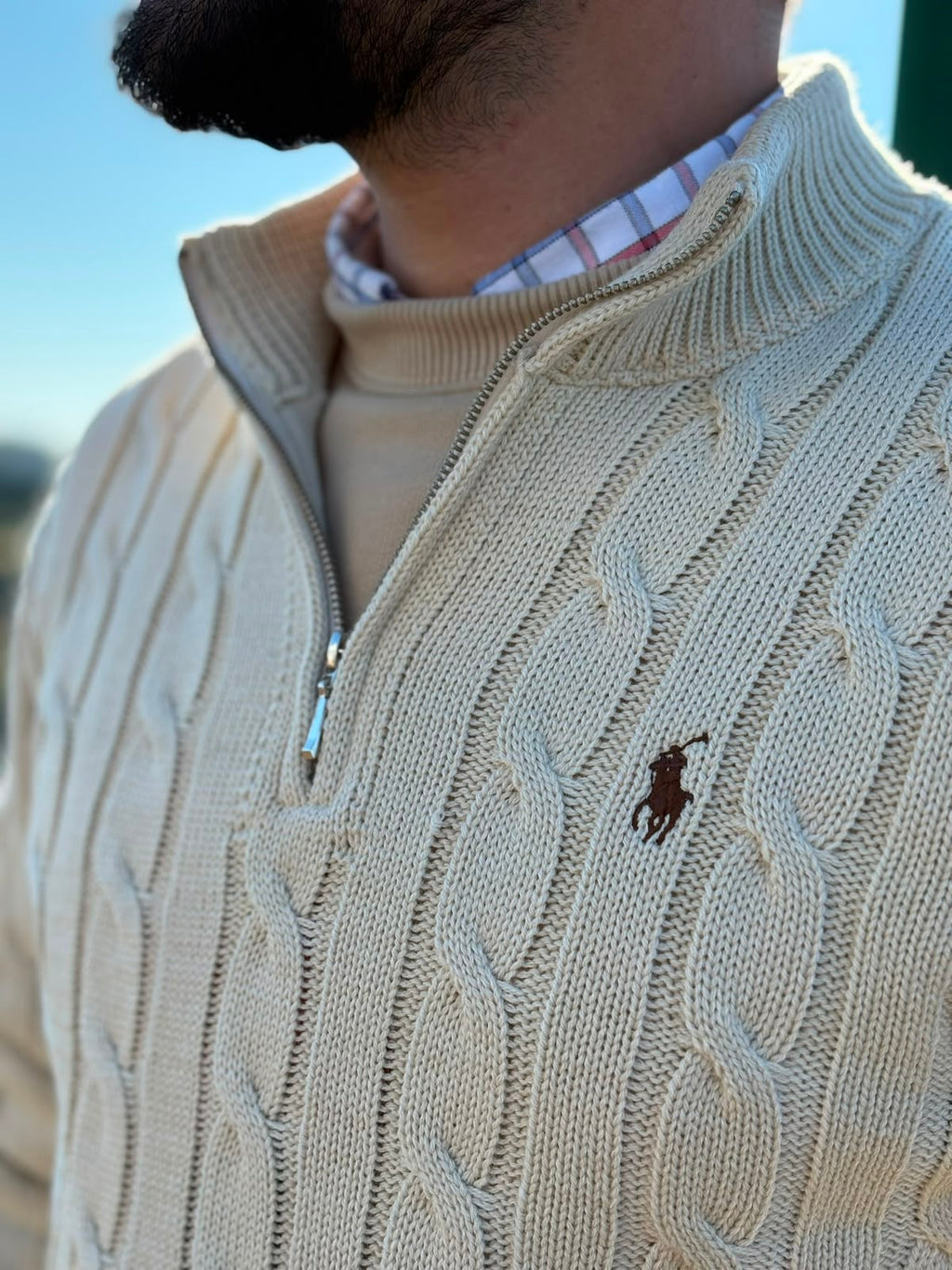 Suéter Trançado Ralph Lauren Masculino Com Zipper Creme Pony Marrom