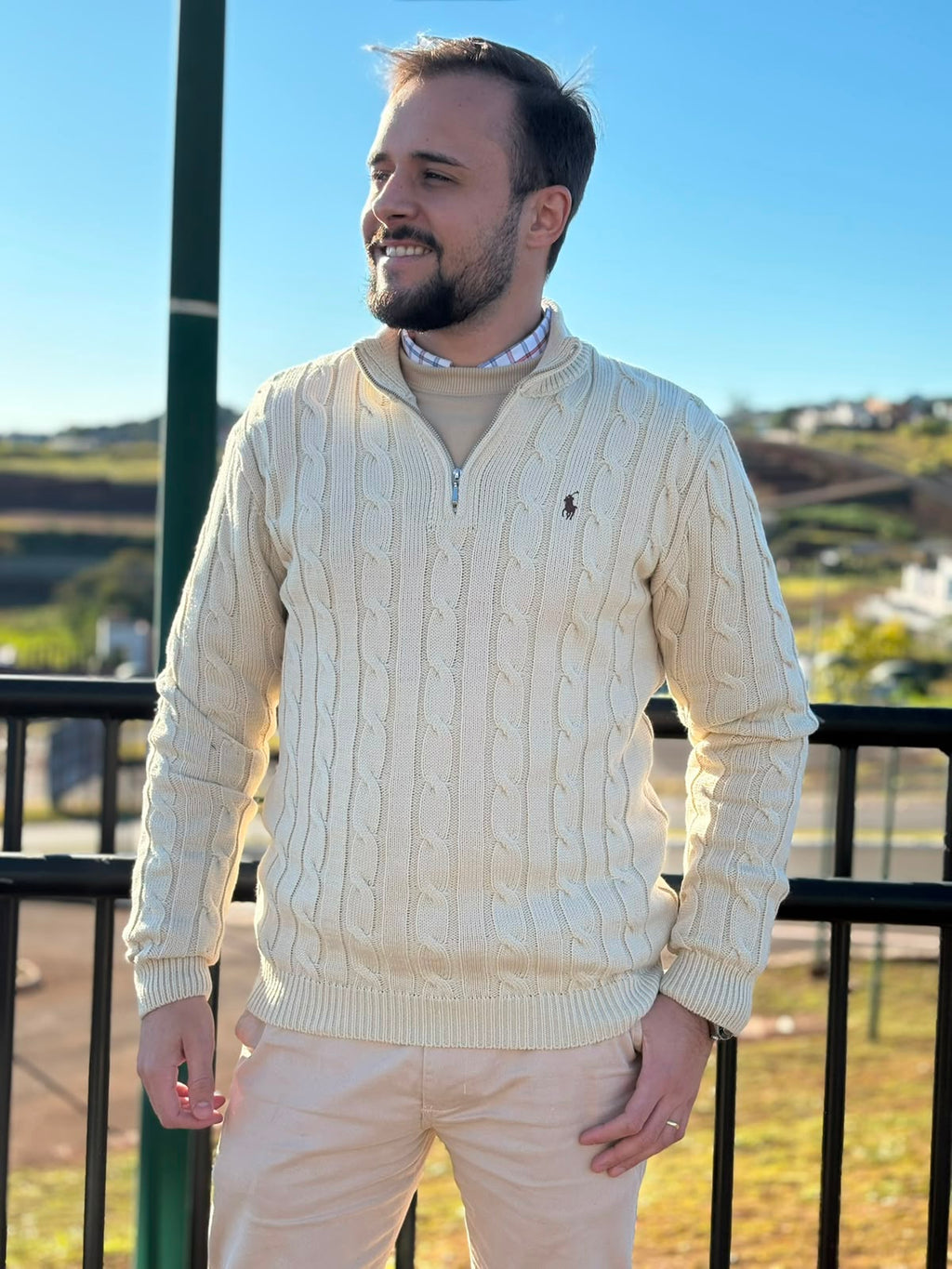 Suéter Trançado Ralph Lauren Masculino Com Zipper Creme Pony Marrom