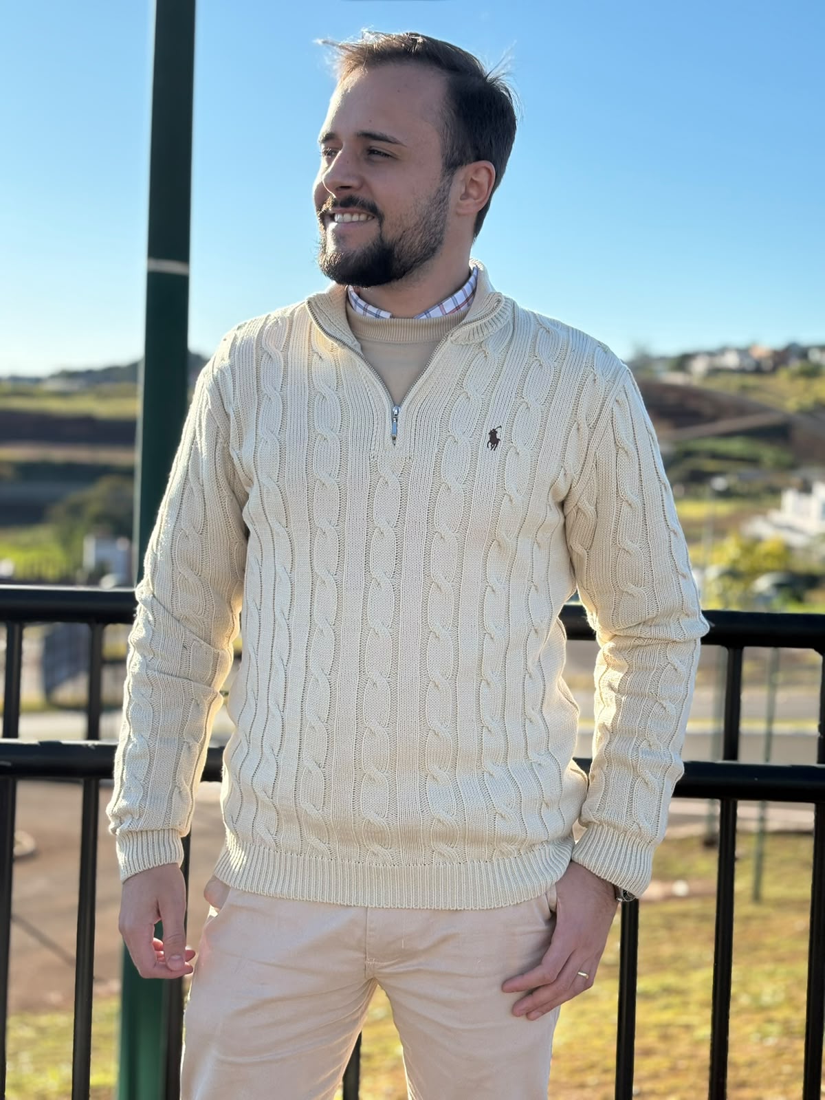 Suéter Trançado Ralph Lauren Masculino Com Zipper Creme Pony Marrom