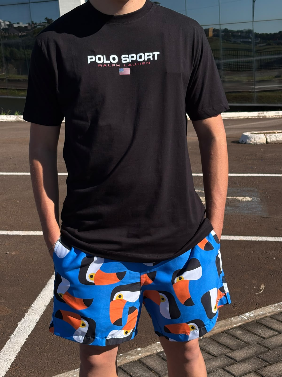 Shorts Praia Masculino Khotz Estampa Tucano Azul com Ponteiras em Metal