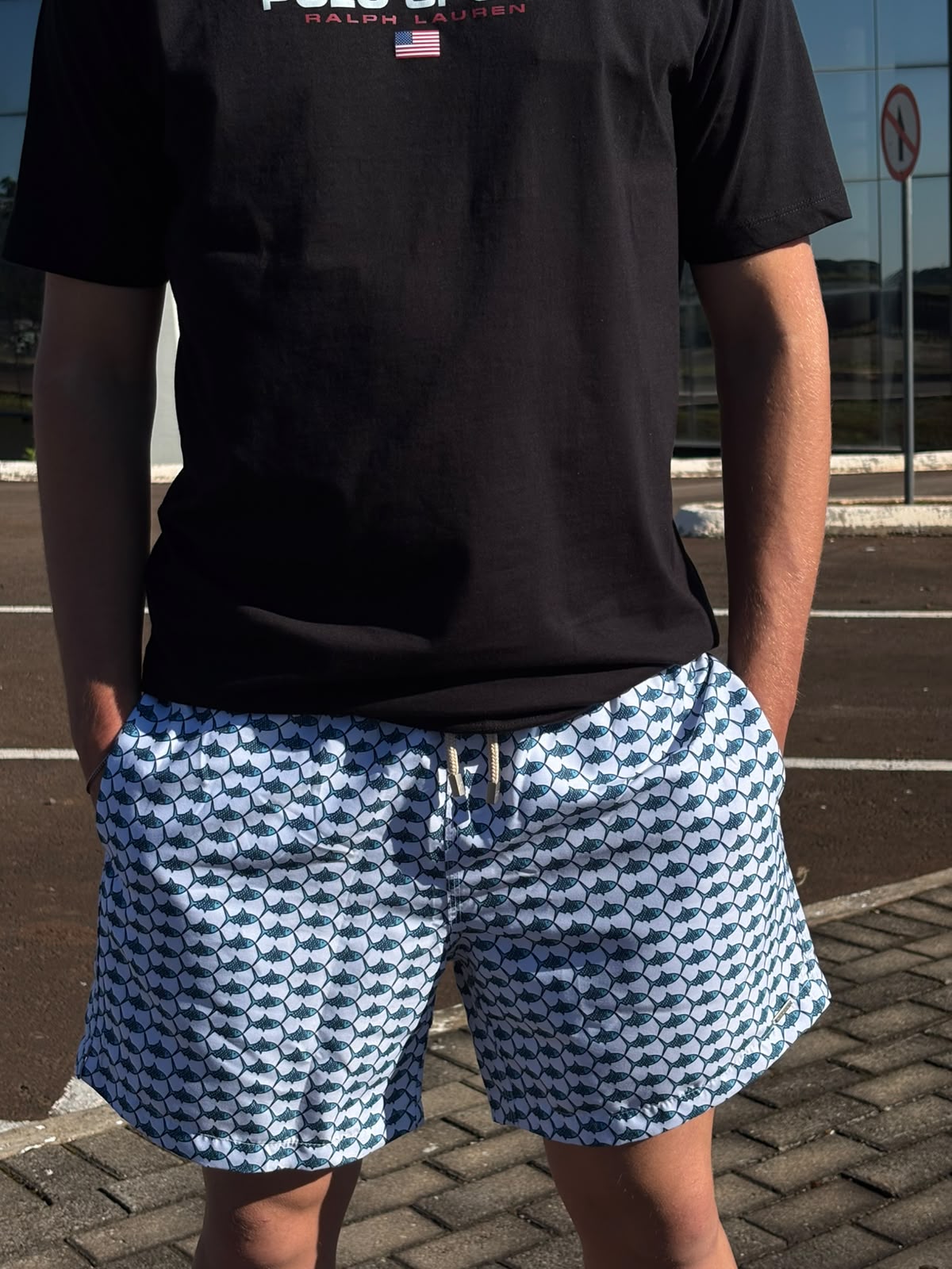 Shorts Praia Masculino Khotz Estampa Espinha de Peixe com Ponteiras em Metal
