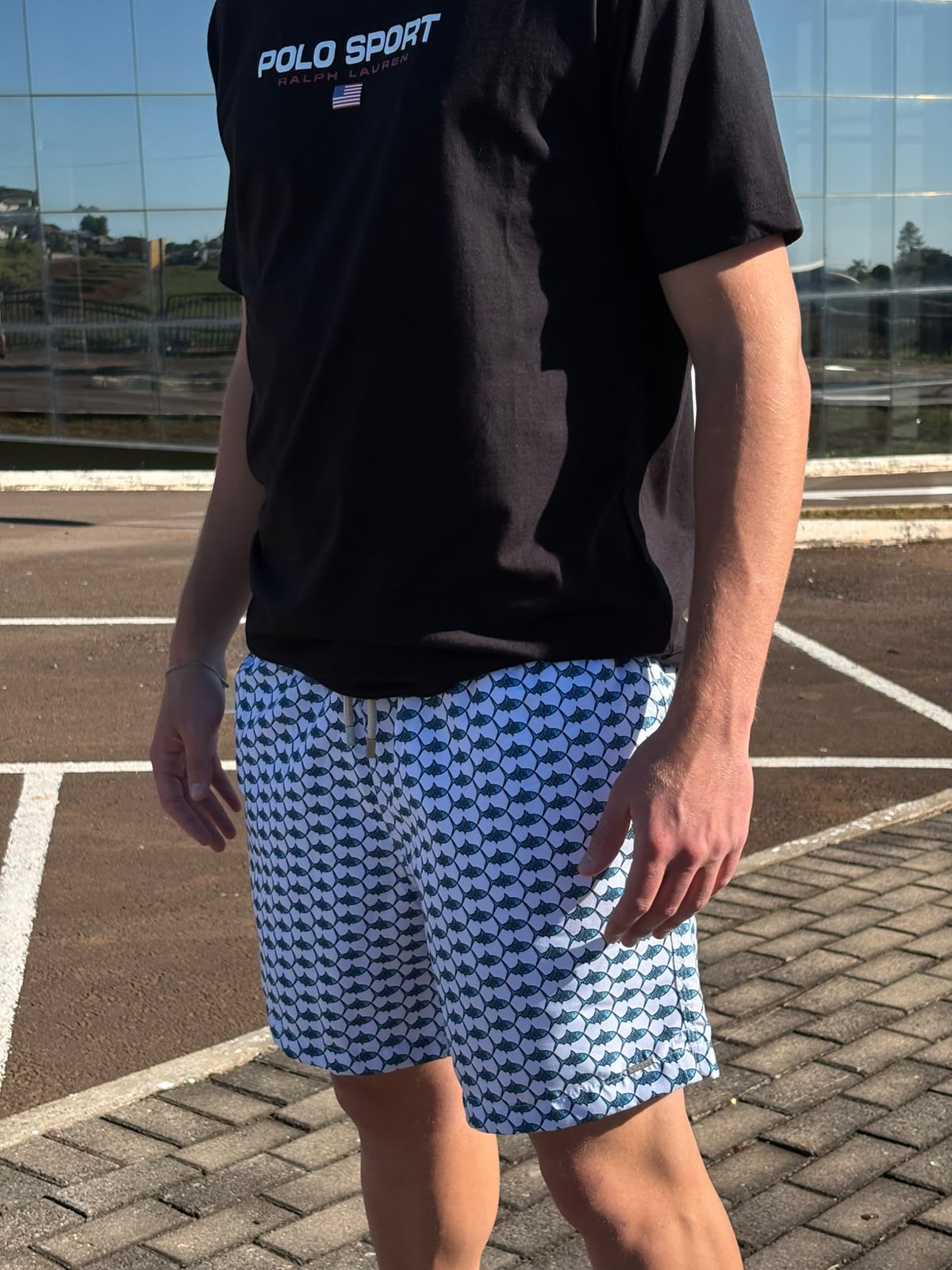 Shorts Praia Masculino Khotz Estampa Espinha de Peixe com Ponteiras em Metal