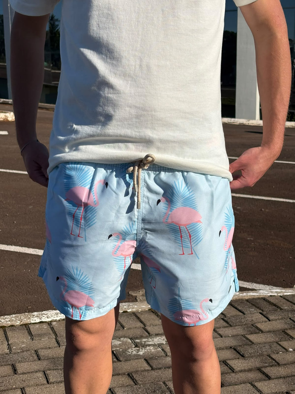 Shorts Praia Masculino Khotz Estampa Flamingo Azul com Ponteiras em Metal