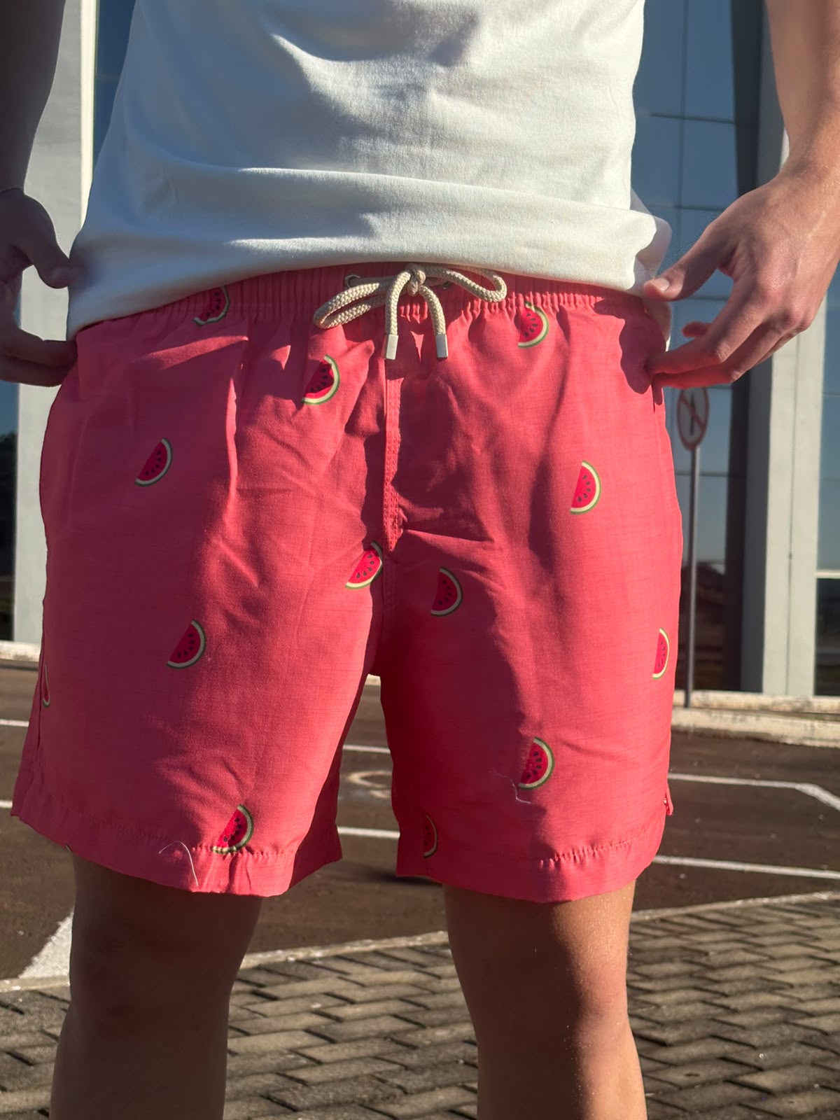 Shorts Praia Masculino Khotz Estampa Melancia Rosê com Ponteiras em Metal