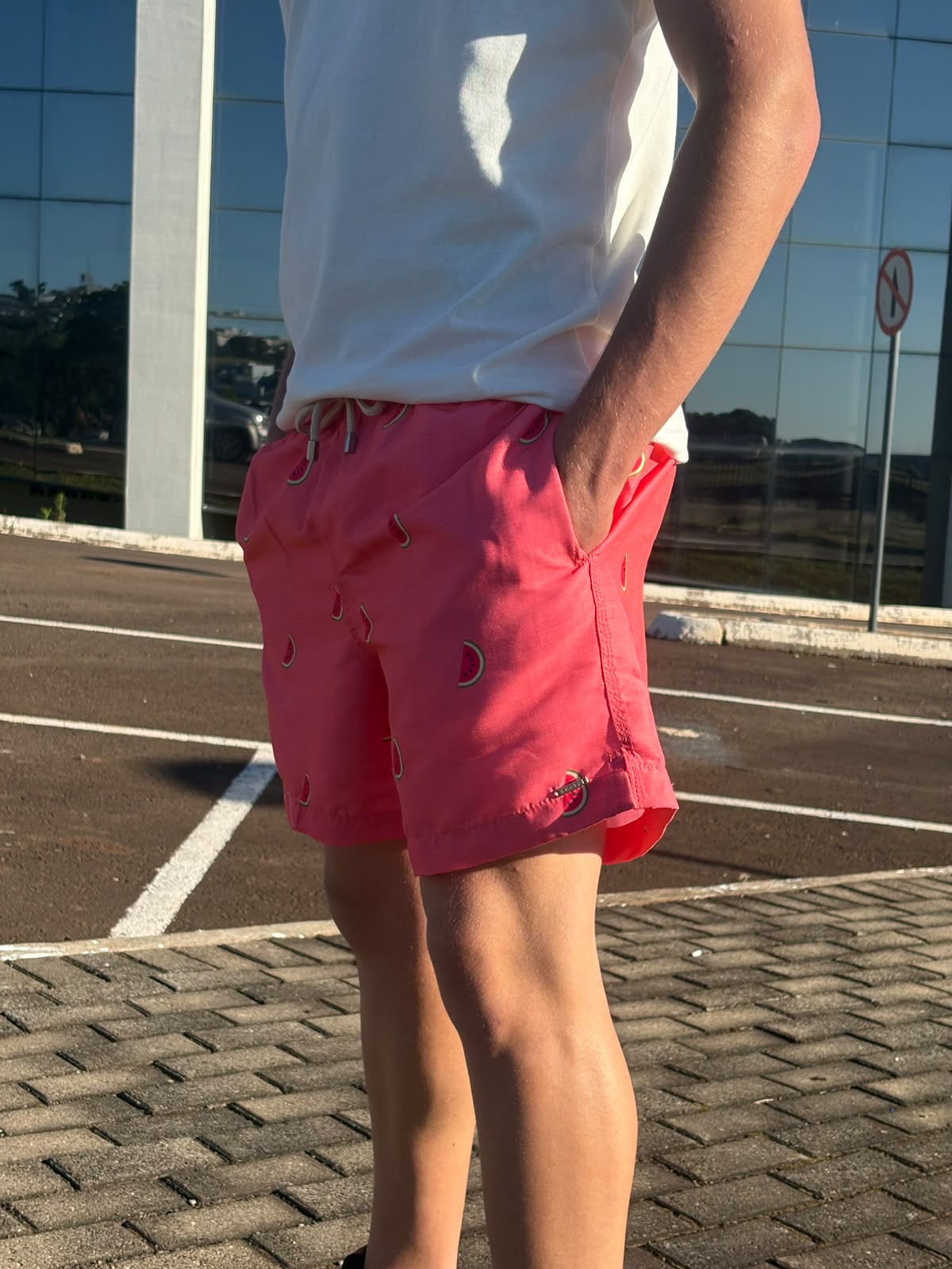 Shorts Praia Masculino Khotz Estampa Melancia Rosê com Ponteiras em Metal