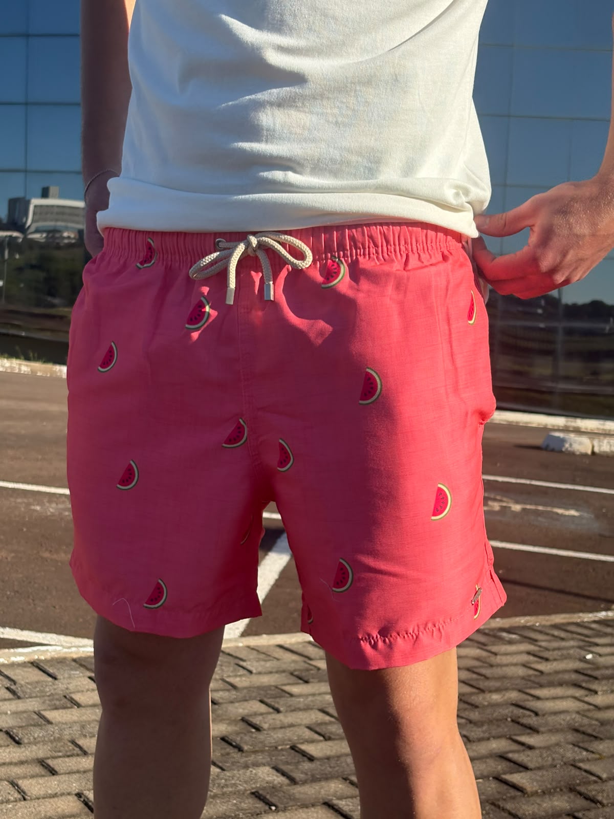 Shorts Praia Masculino Khotz Estampa Melancia Rosê com Ponteiras em Metal