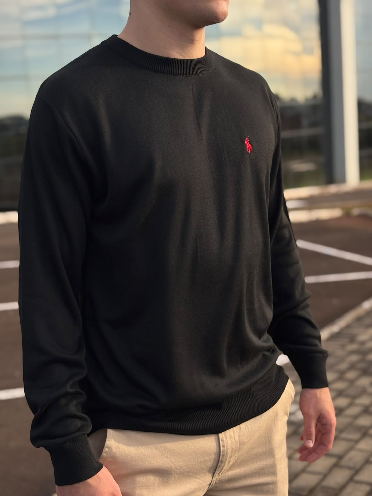 Suéter Ralph Lauren Masculino Preto Puro Algodão Pony Vermelho