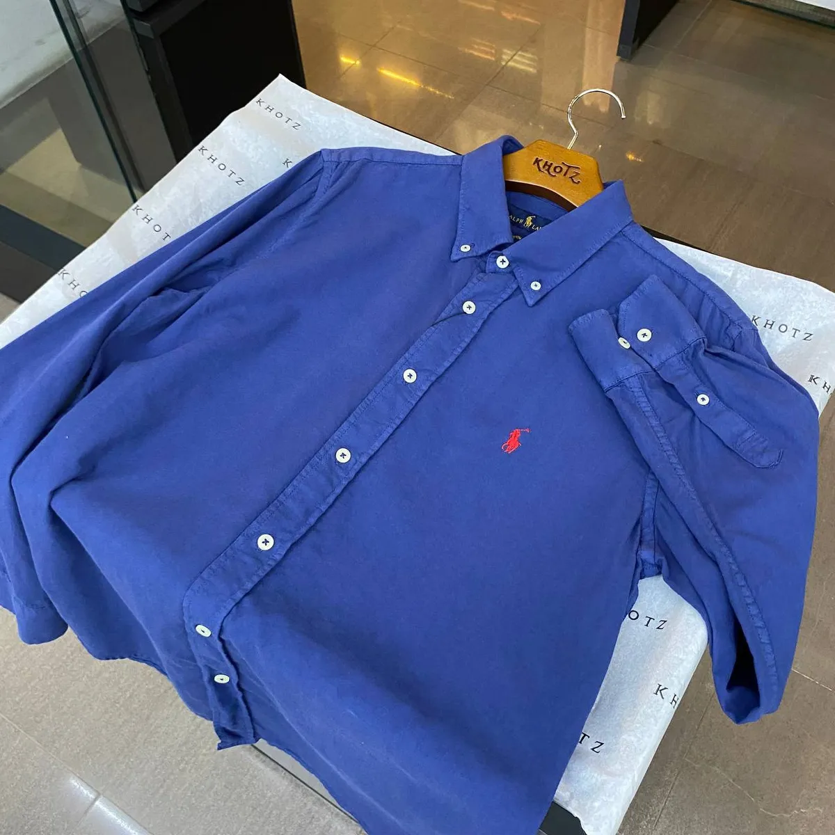 Camisa Ralph Lauren Masculina Oxford Tinturado Marinho Pony Vermelho