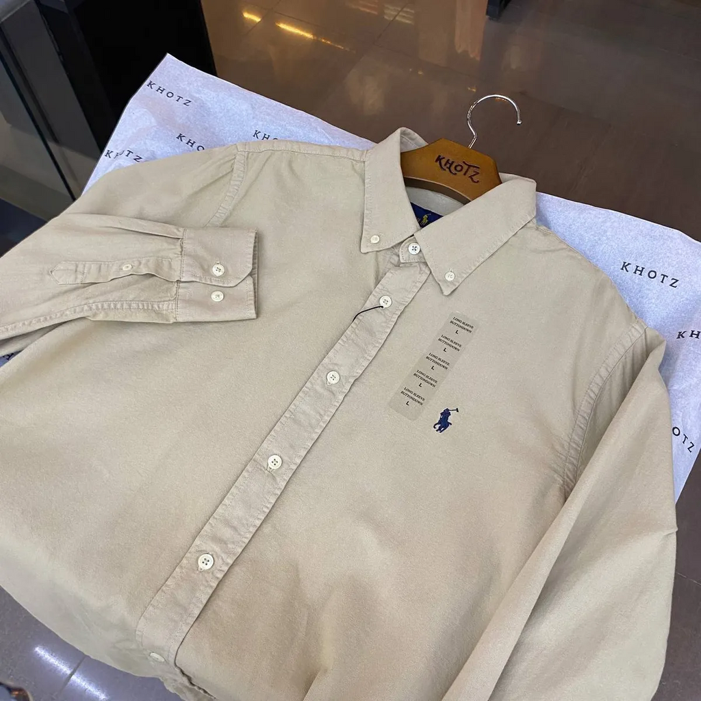 Camisa Ralph Lauren Masculina Oxford Tinturado Areia Pony Marinho