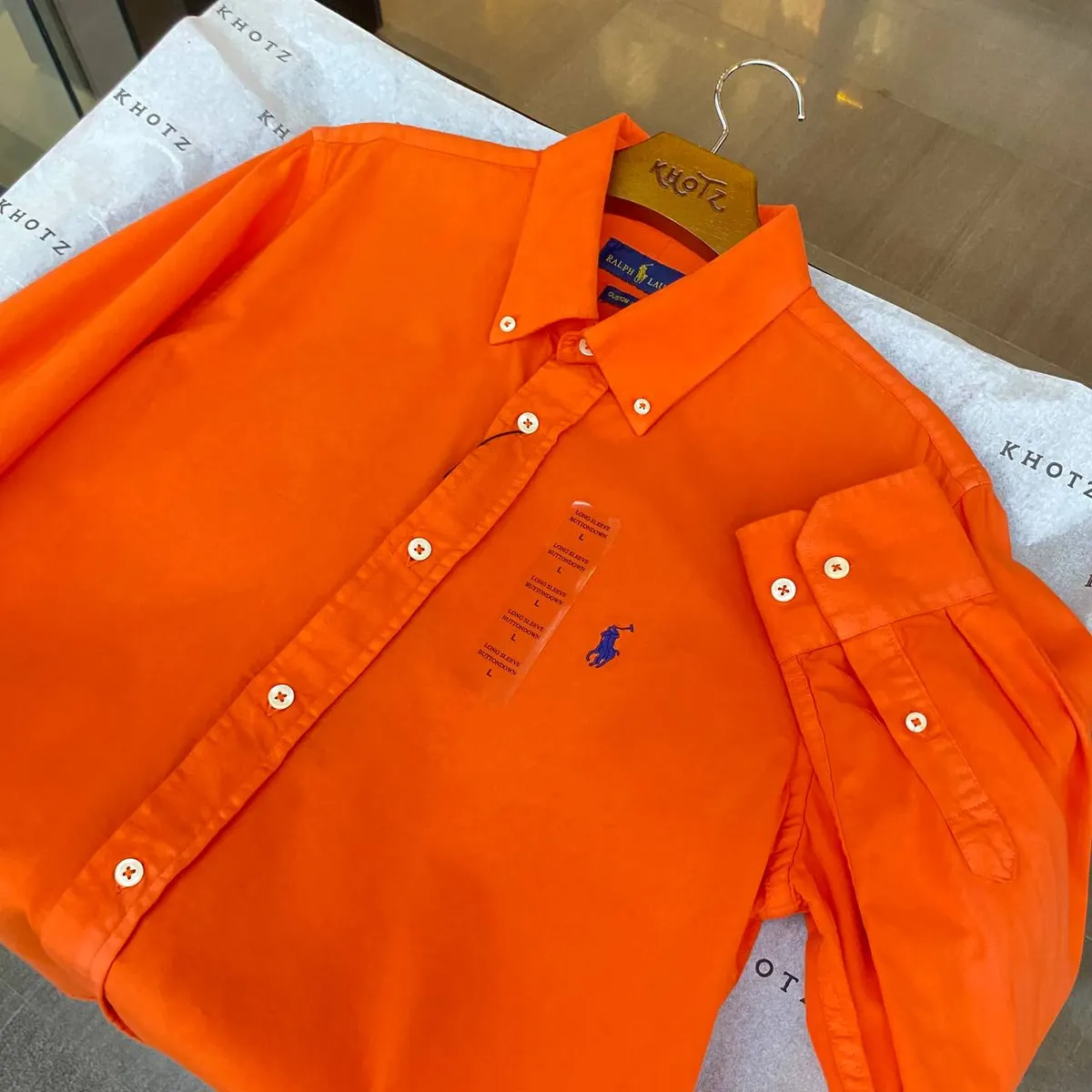 Camisa Ralph Lauren Masculina Oxford Tinturado Laranja Pony Marinho