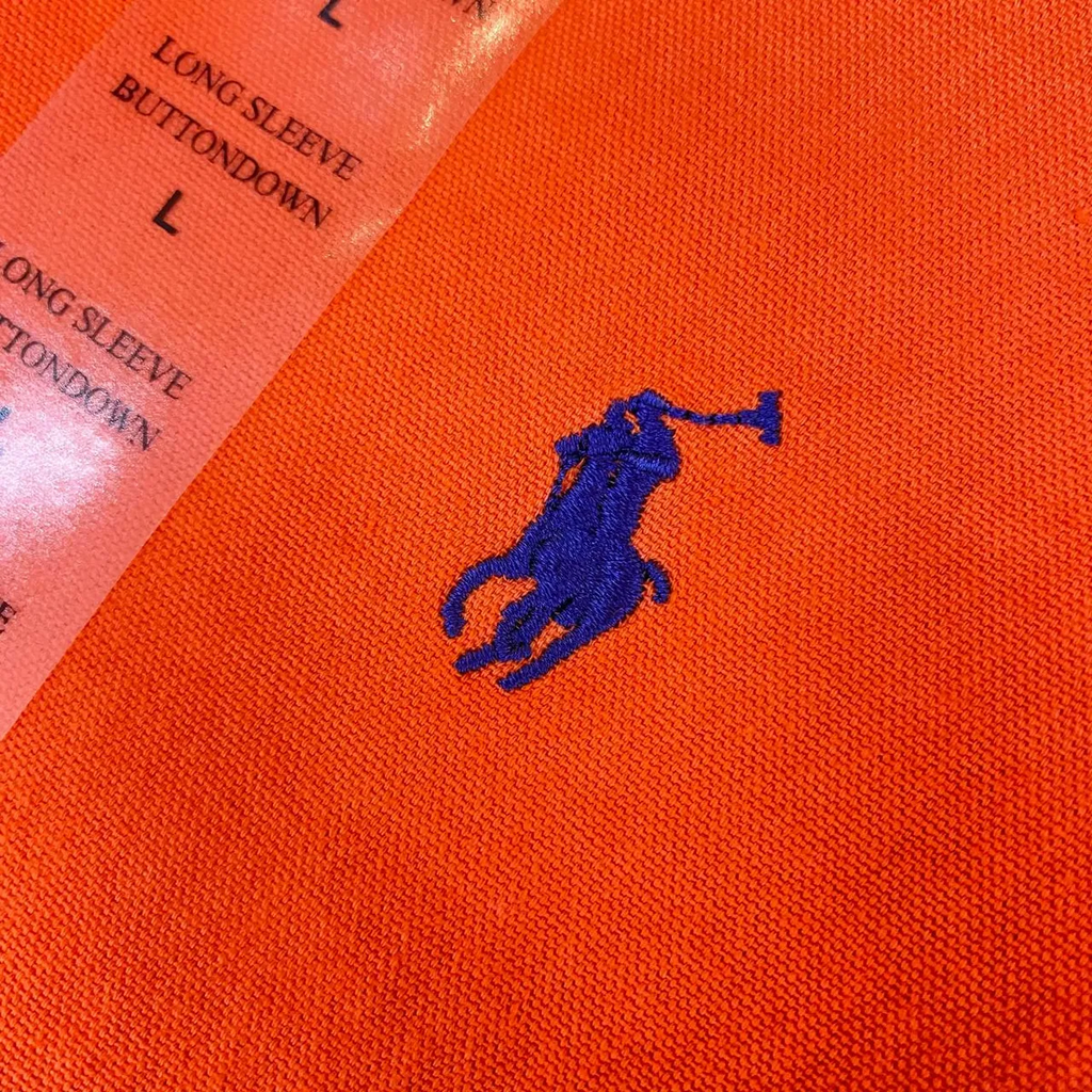 Camisa Ralph Lauren Masculina Oxford Tinturado Laranja Pony Marinho