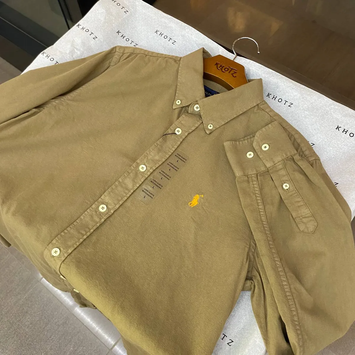 Camisa Ralph Lauren Masculina Oxford Tinturado Verde Exército Pony Dourado