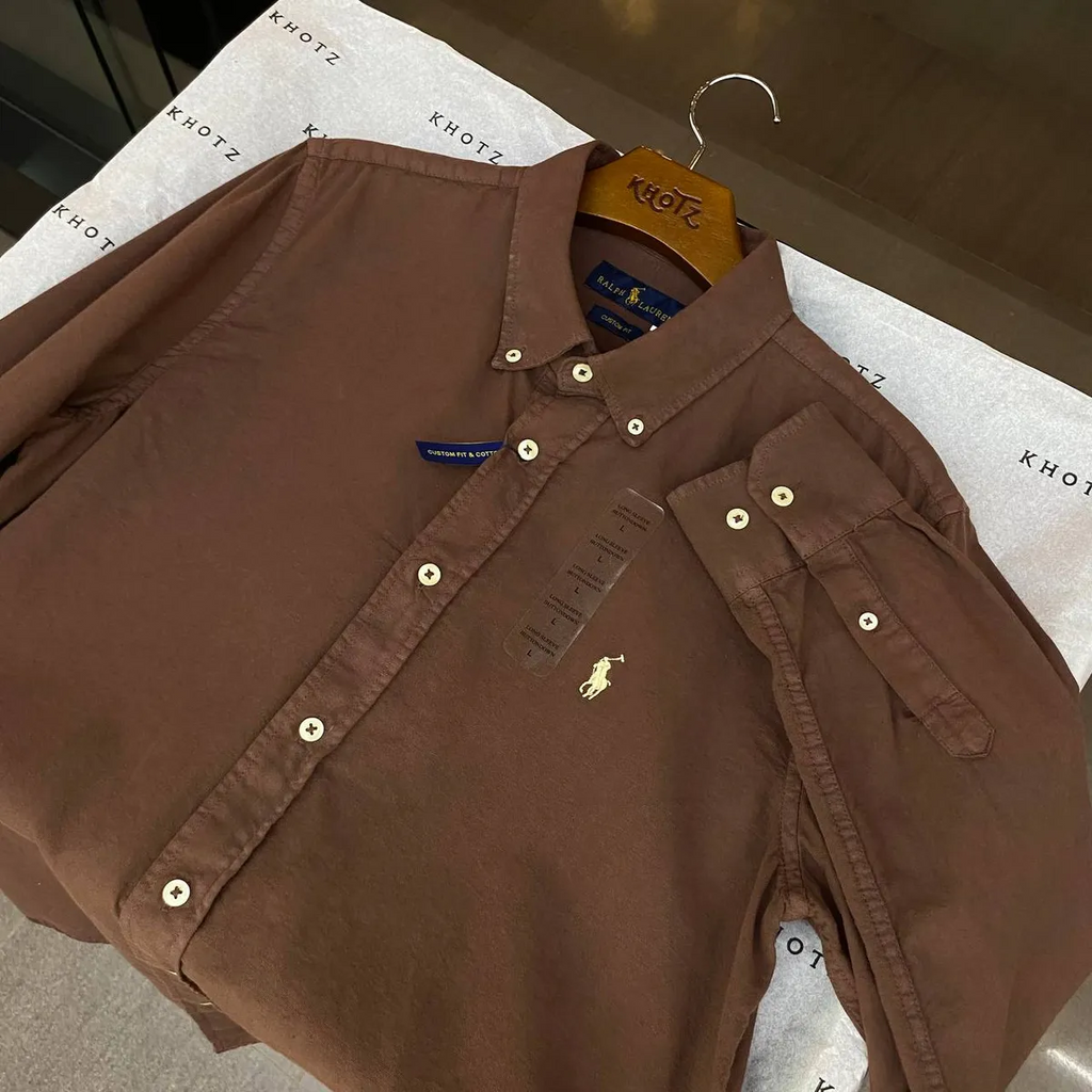 Camisa Ralph Lauren Masculina Oxford Tinturado Marrom Caramelo Pony Creme