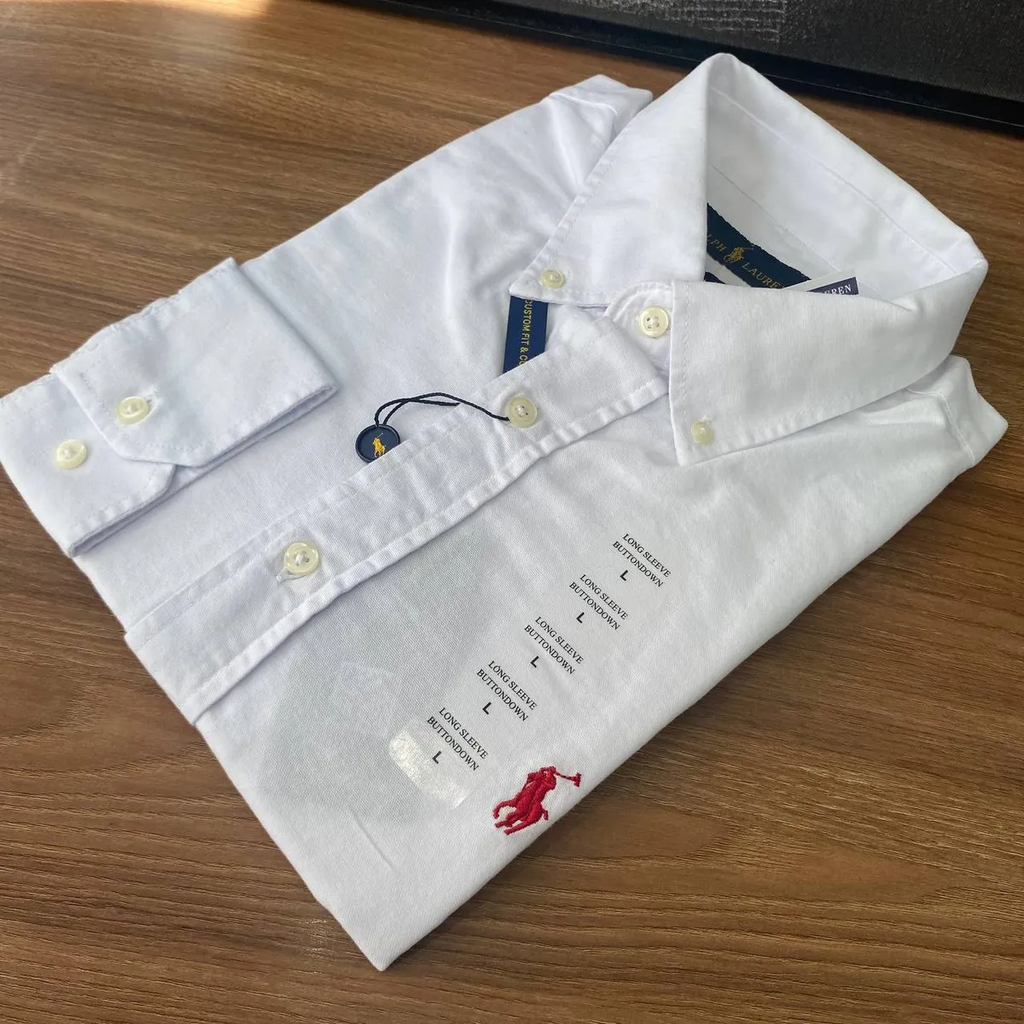 Camisa Ralph Lauren Masculina Oxford Tinturado Branca Pony Vermelho