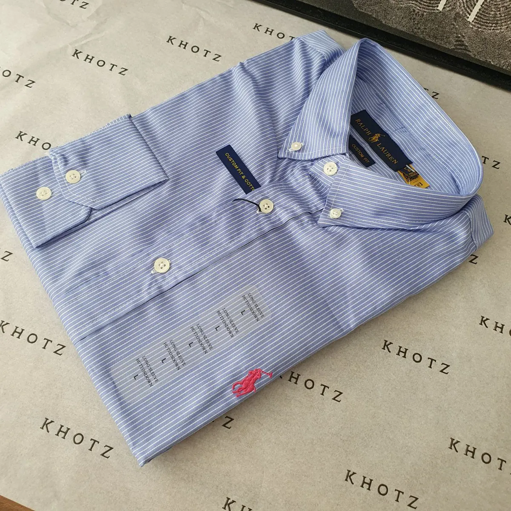 Camisa Ralph Lauren Masculina Azul Listras Executiva Pony Rosa