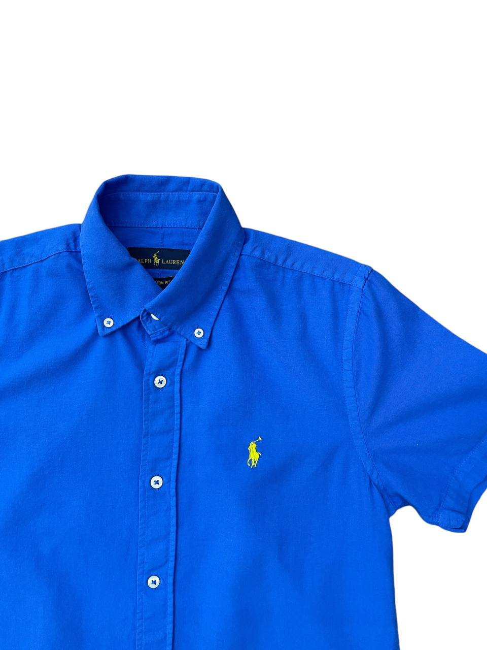 Camisa Ralph Lauren Masculina Oxford Manga Curta Azul Oceano Pony Verde Limão