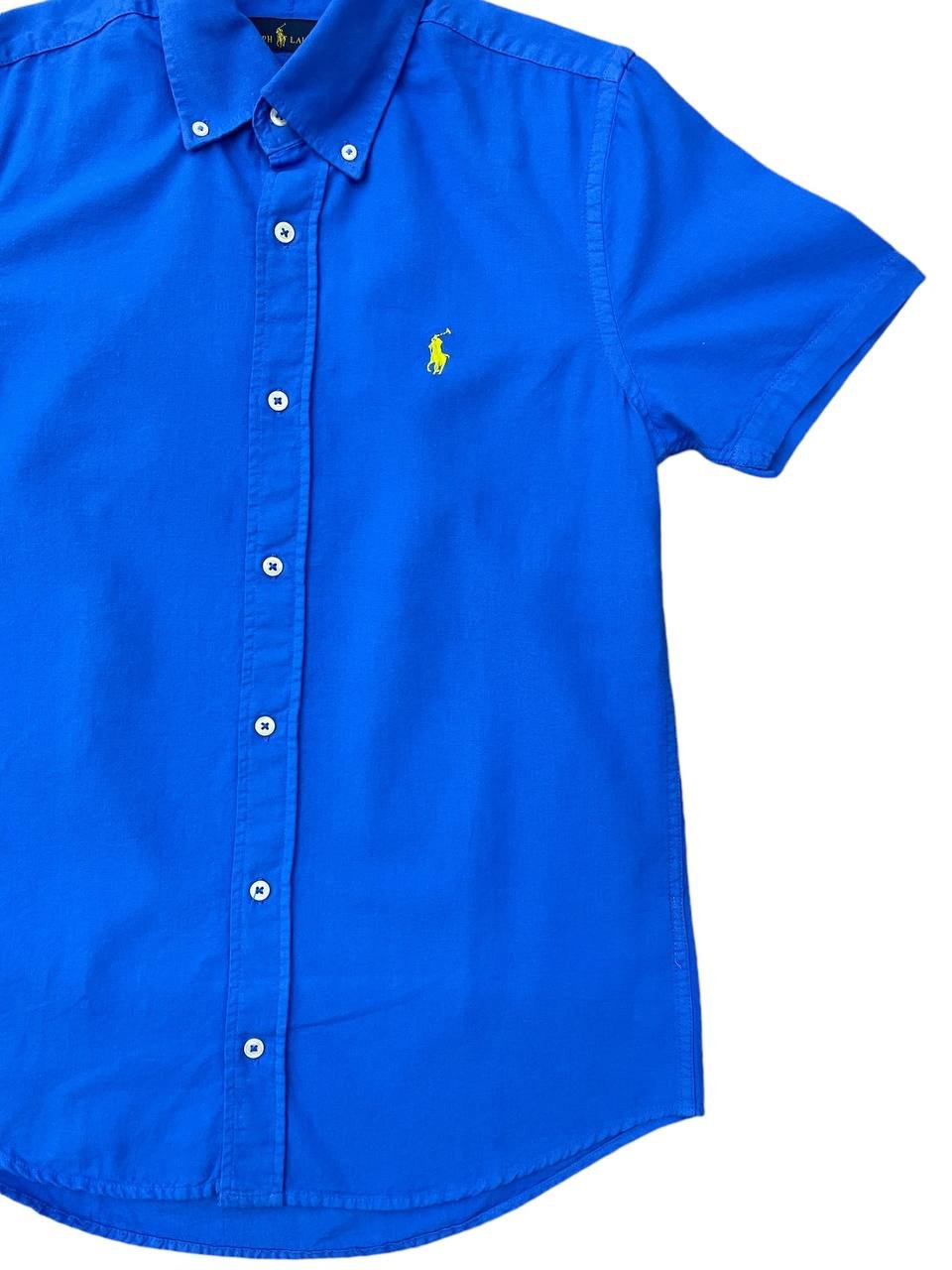 Camisa Ralph Lauren Masculina Oxford Manga Curta Azul Oceano Pony Verde Limão