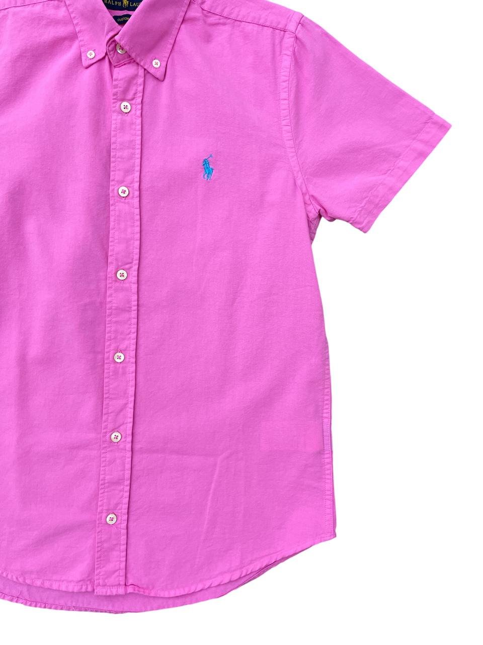 Camisa Ralph Lauren Masculina Oxford Manga Curta Rosa Pink Pony Azul Celeste