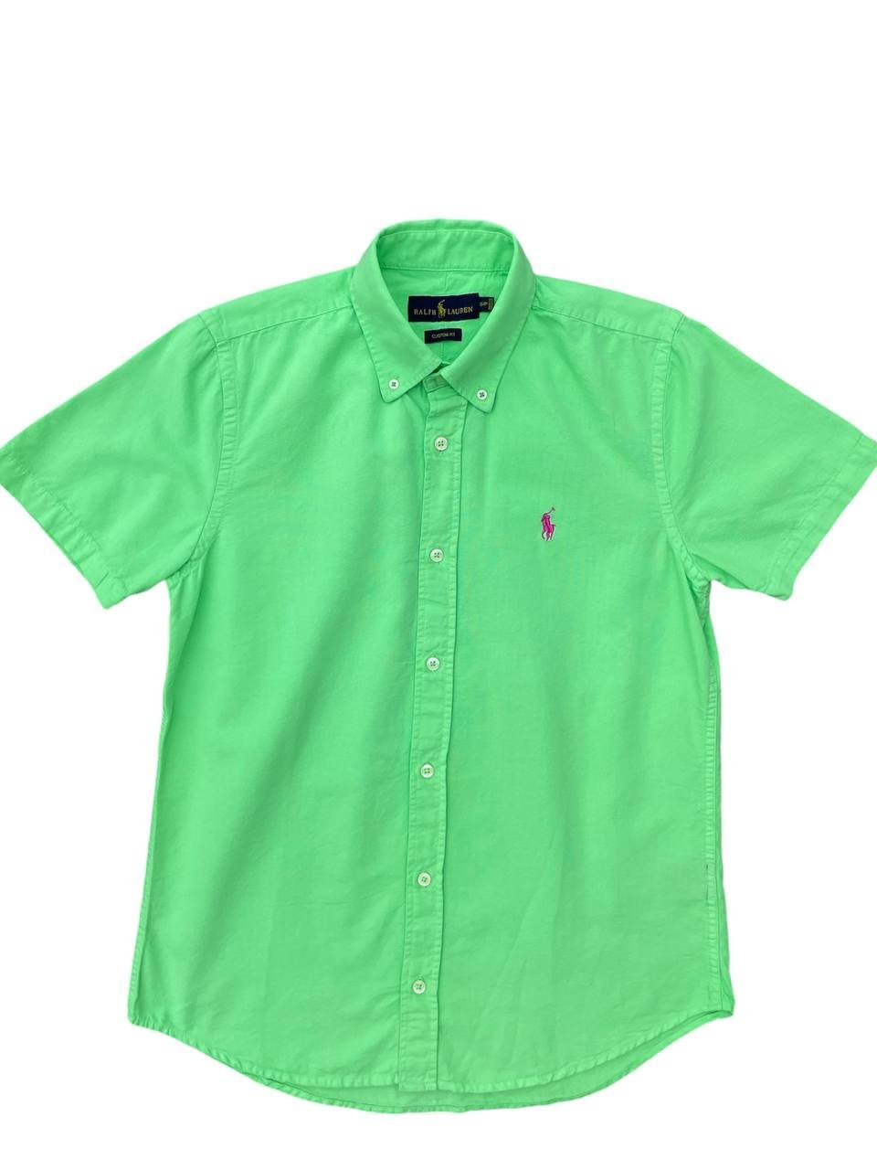 Camisa Ralph Lauren Masculina Oxford Manga Curta Verde Claro Pony Rosa Pink