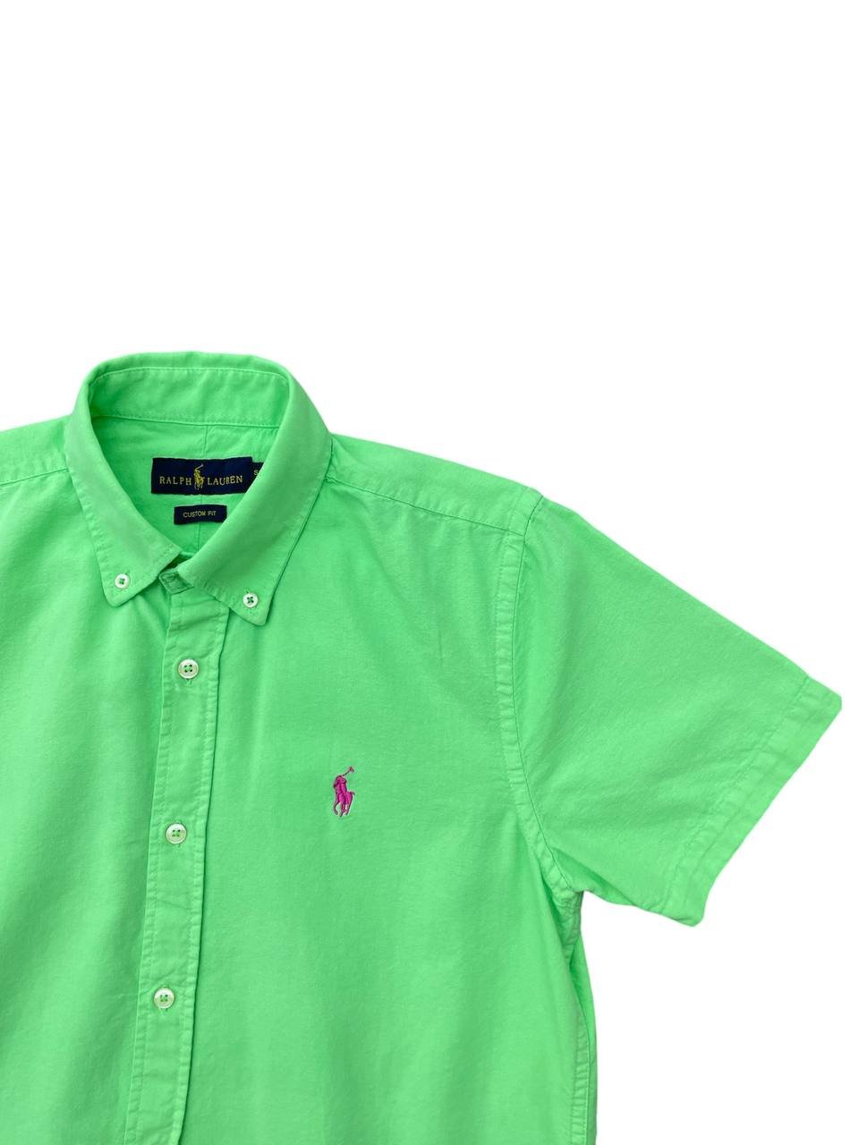 Camisa Ralph Lauren Masculina Oxford Manga Curta Verde Claro Pony Rosa Pink